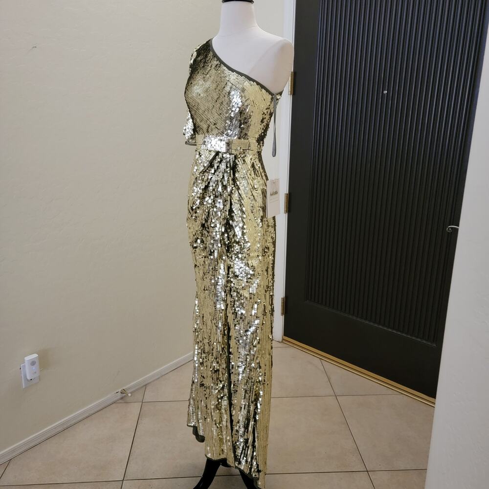 Mac Duggal 93540 Gold One Shoulder Sequin Evening Gown Maxi Dress Size 2 - Picture 8 of 11
